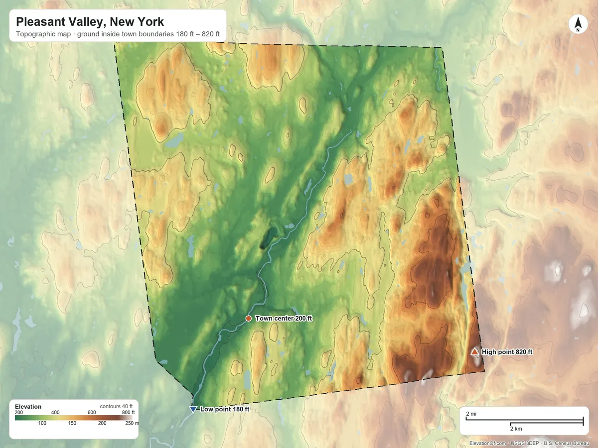 Topographic elevation map of Pleasant Valley, New York, shaded from 180 ft on the southwest side to 820 ft on the east side