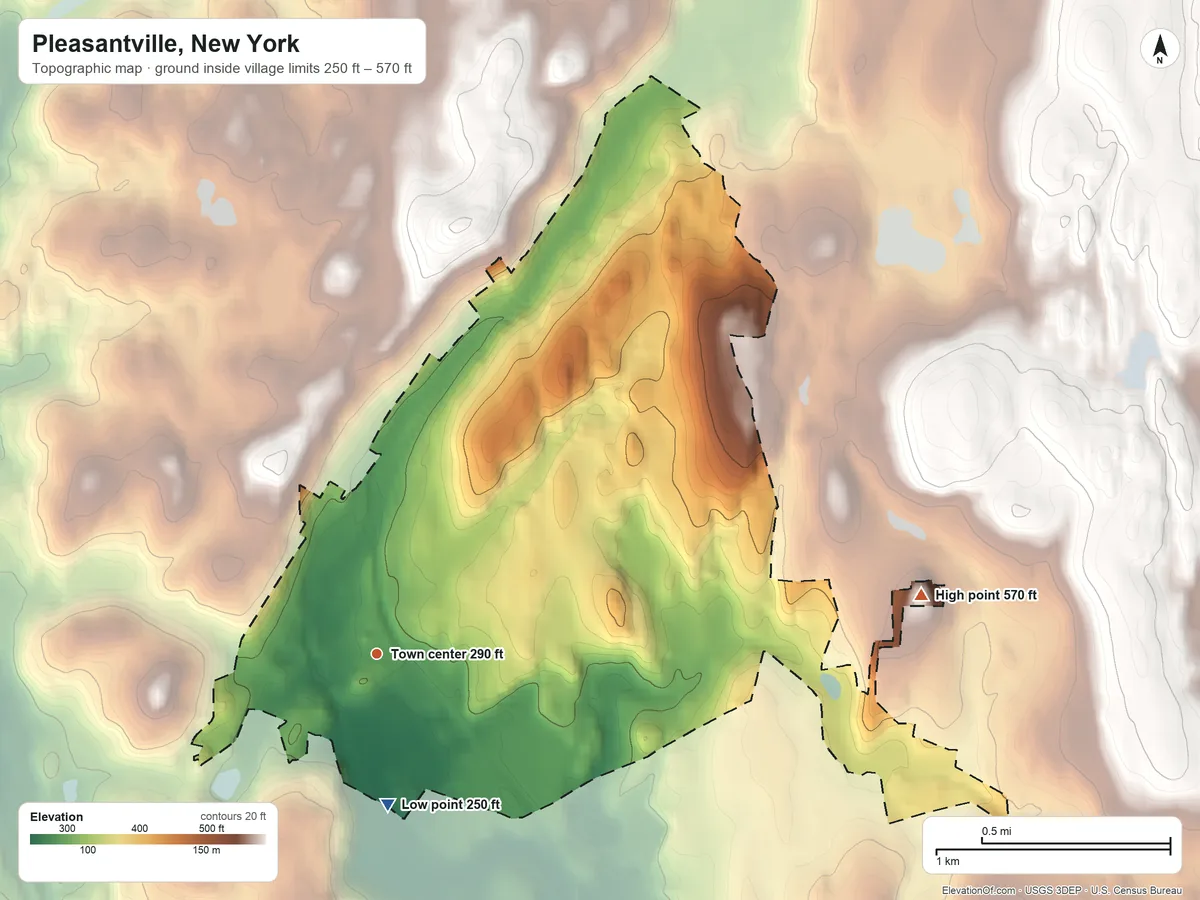 Topographic elevation map of Pleasantville, New York, shaded from 250 ft on the south side to 570 ft on the east side