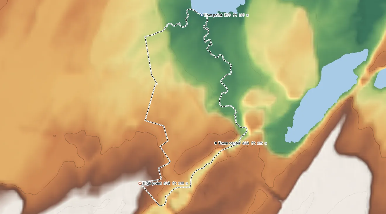 Topographic elevation map of Plessis, New York, shaded from 350 ft on the north side to 430 ft on the southwest side