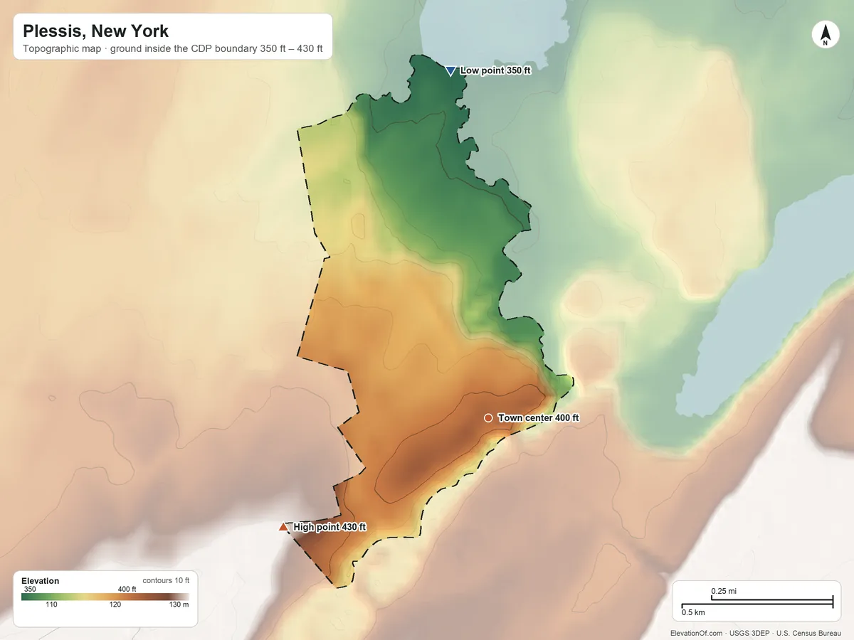 Topographic elevation map of Plessis, New York, shaded from 350 ft on the north side to 430 ft on the southwest side