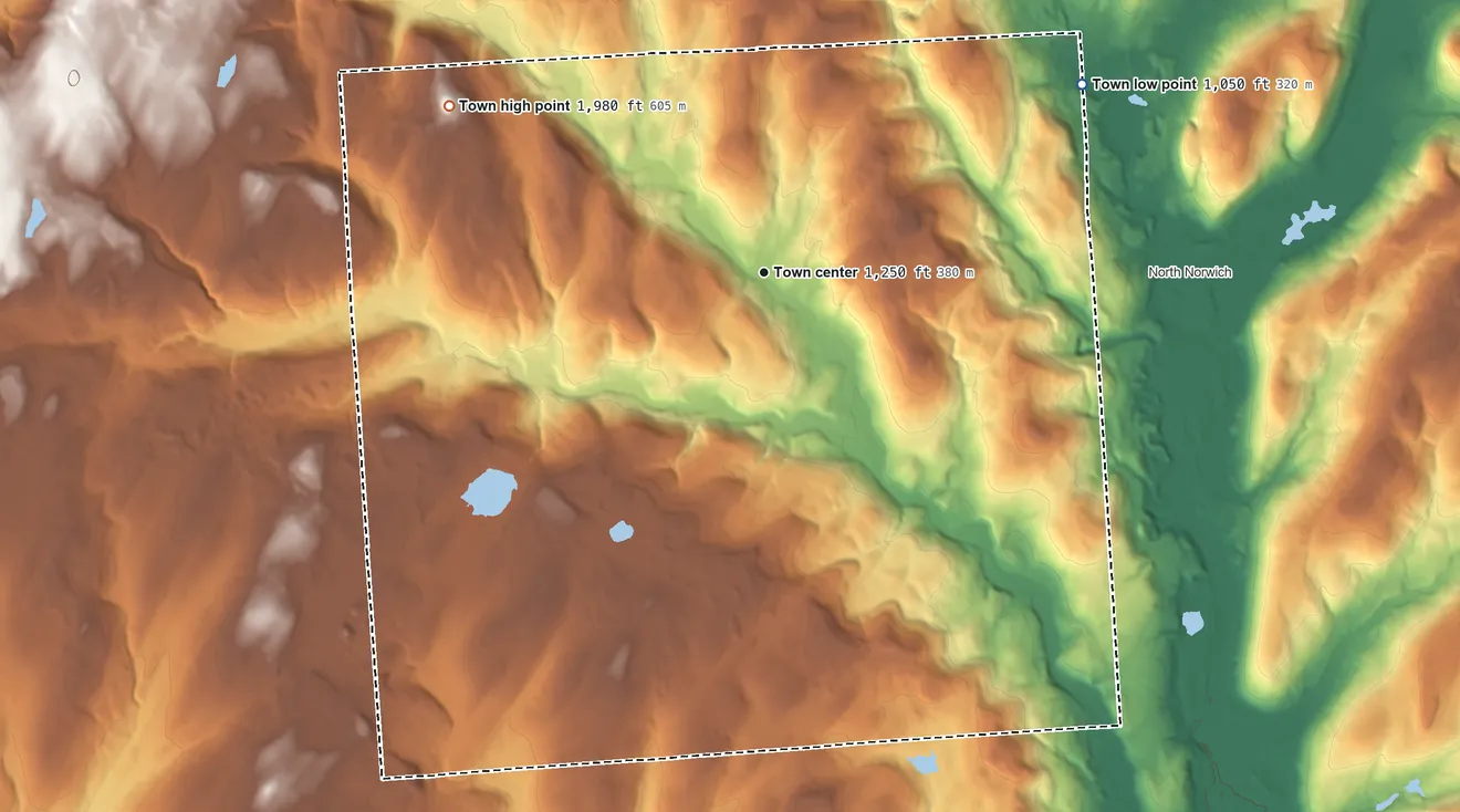 Topographic elevation map of Plymouth, New York, shaded from 1,050 ft on the northeast side to 1,980 ft on Pigeon Hill