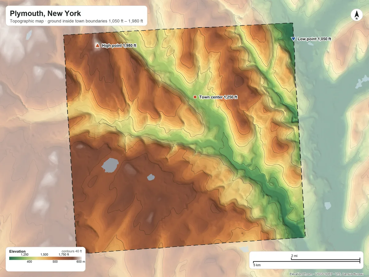 Topographic elevation map of Plymouth, New York, shaded from 1,050 ft on the northeast side to 1,980 ft on Pigeon Hill