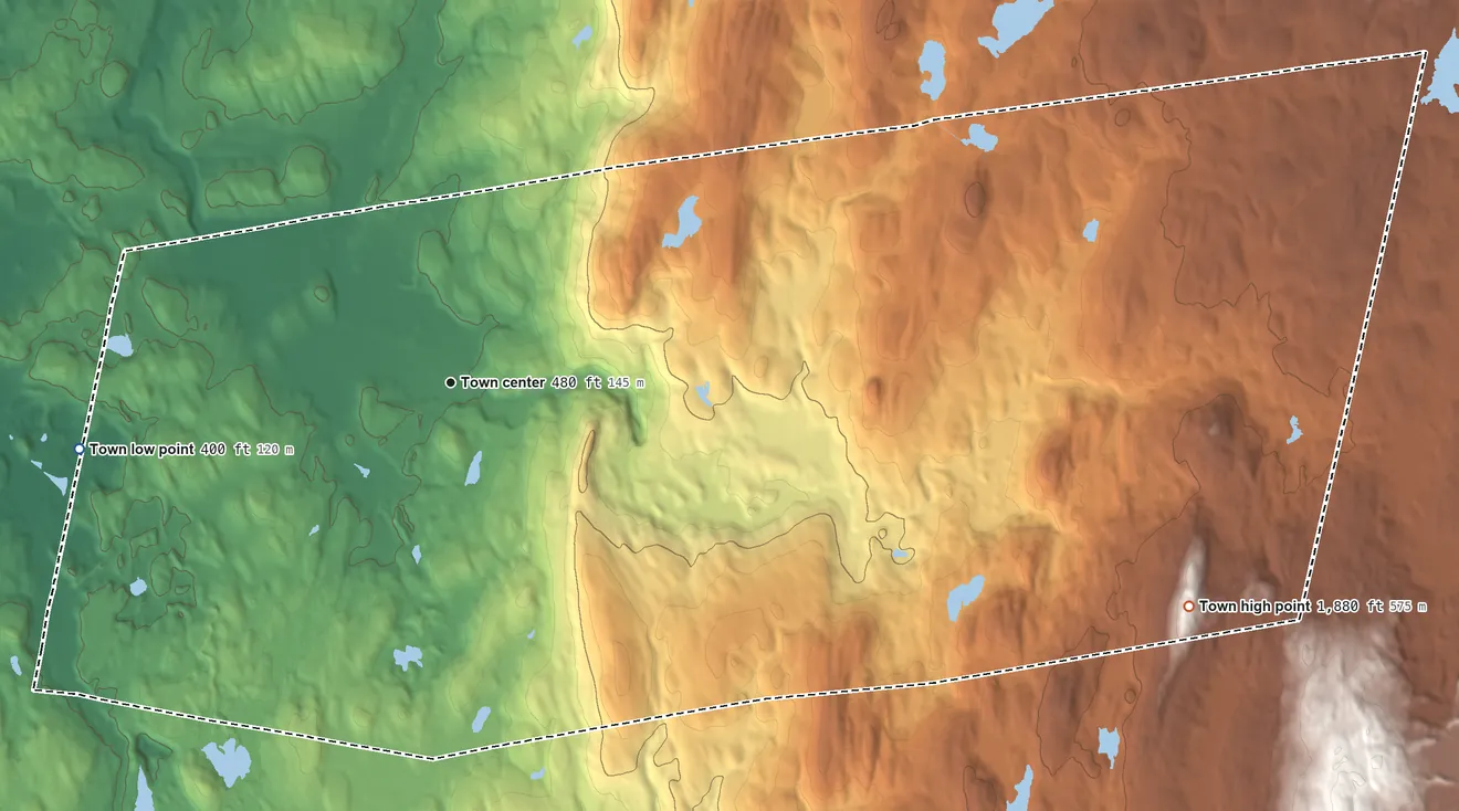 Topographic elevation map of Poestenkill, New York, shaded from 400 ft on the west side to 1,880 ft on Perigo Hill