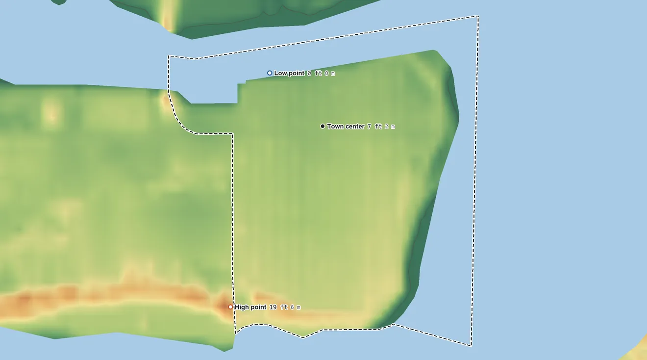 Topographic elevation map of Point Lookout, New York, shaded from sea level level on the Atlantic Ocean to 19 ft on the southwest side