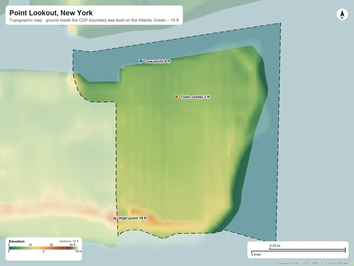 Topographic elevation map of Point Lookout, New York, shaded from sea level level on the Atlantic Ocean to 19 ft on the southwest side
