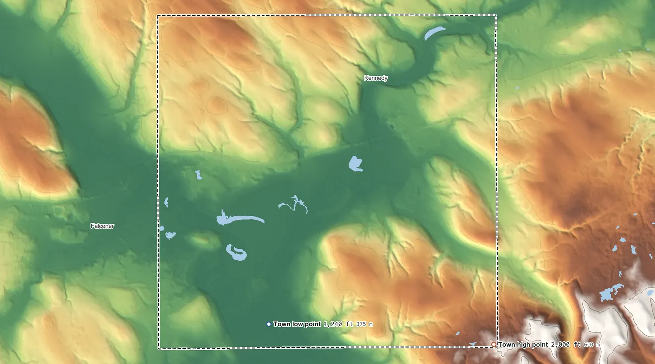 Topographic elevation map of Poland, New York, shaded from 1,240 ft on the south side to 2,000 ft on the southeast side