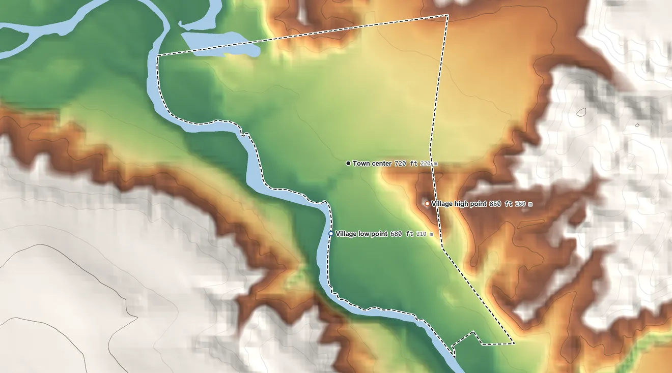 Topographic elevation map of Village of Poland, New York, shaded from 680 ft on the south side to 850 ft on the southeast edge, below higher ground just outside