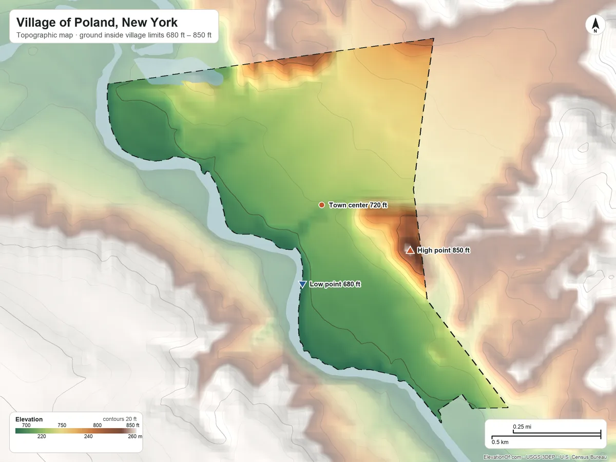 Topographic elevation map of Village of Poland, New York, shaded from 680 ft on the south side to 850 ft on the southeast edge, below higher ground just outside