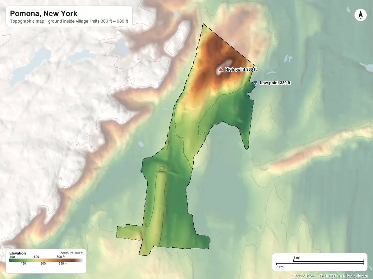 Topographic elevation map of Pomona, New York, shaded from 380 ft on the northeast side to 980 ft on Cheesecote Mountain