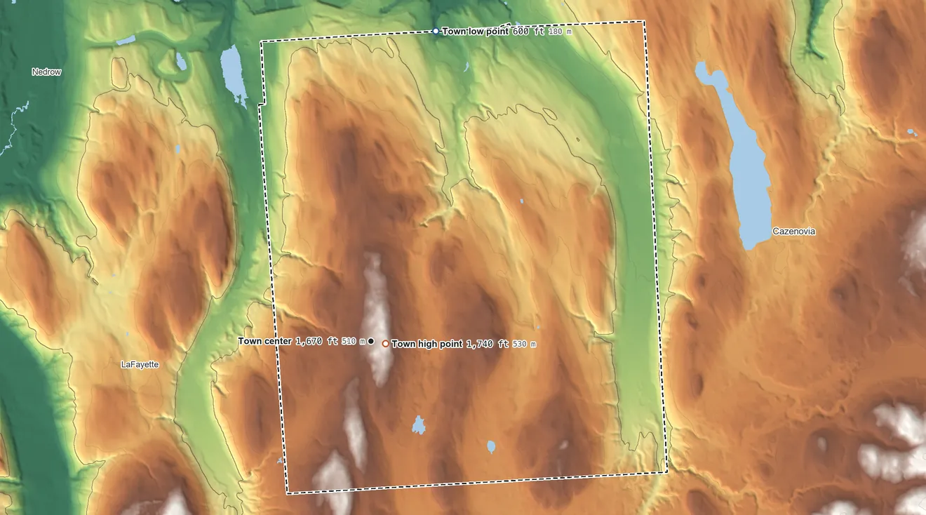 Topographic elevation map of Pompey, New York, shaded from 600 ft on the north side to 1,740 ft near the middle