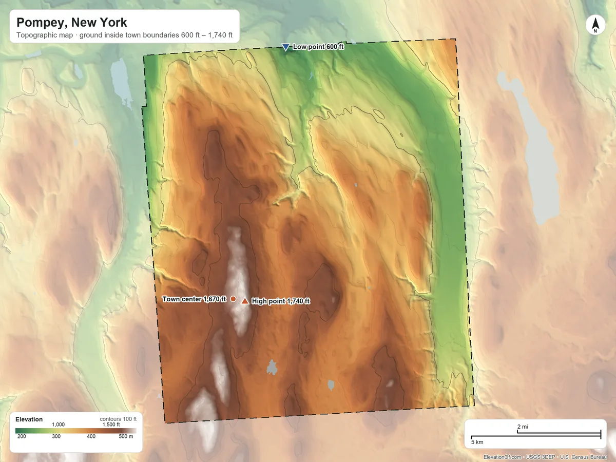 Topographic elevation map of Pompey, New York, shaded from 600 ft on the north side to 1,740 ft near the middle