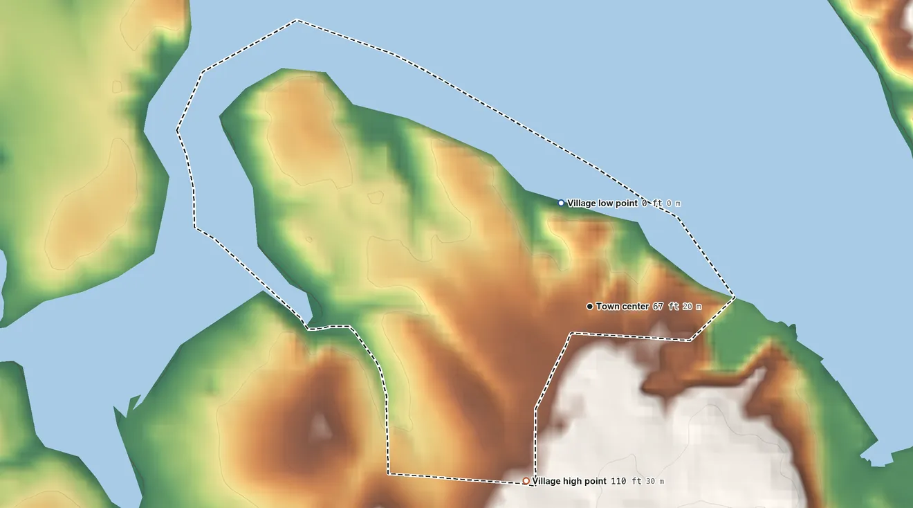 Topographic elevation map of Poquott, New York, shaded from sea level level on Setauket Harbor to 110 ft on the south side