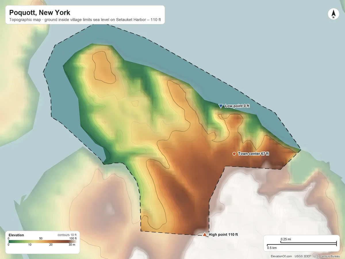 Topographic elevation map of Poquott, New York, shaded from sea level level on Setauket Harbor to 110 ft on the south side