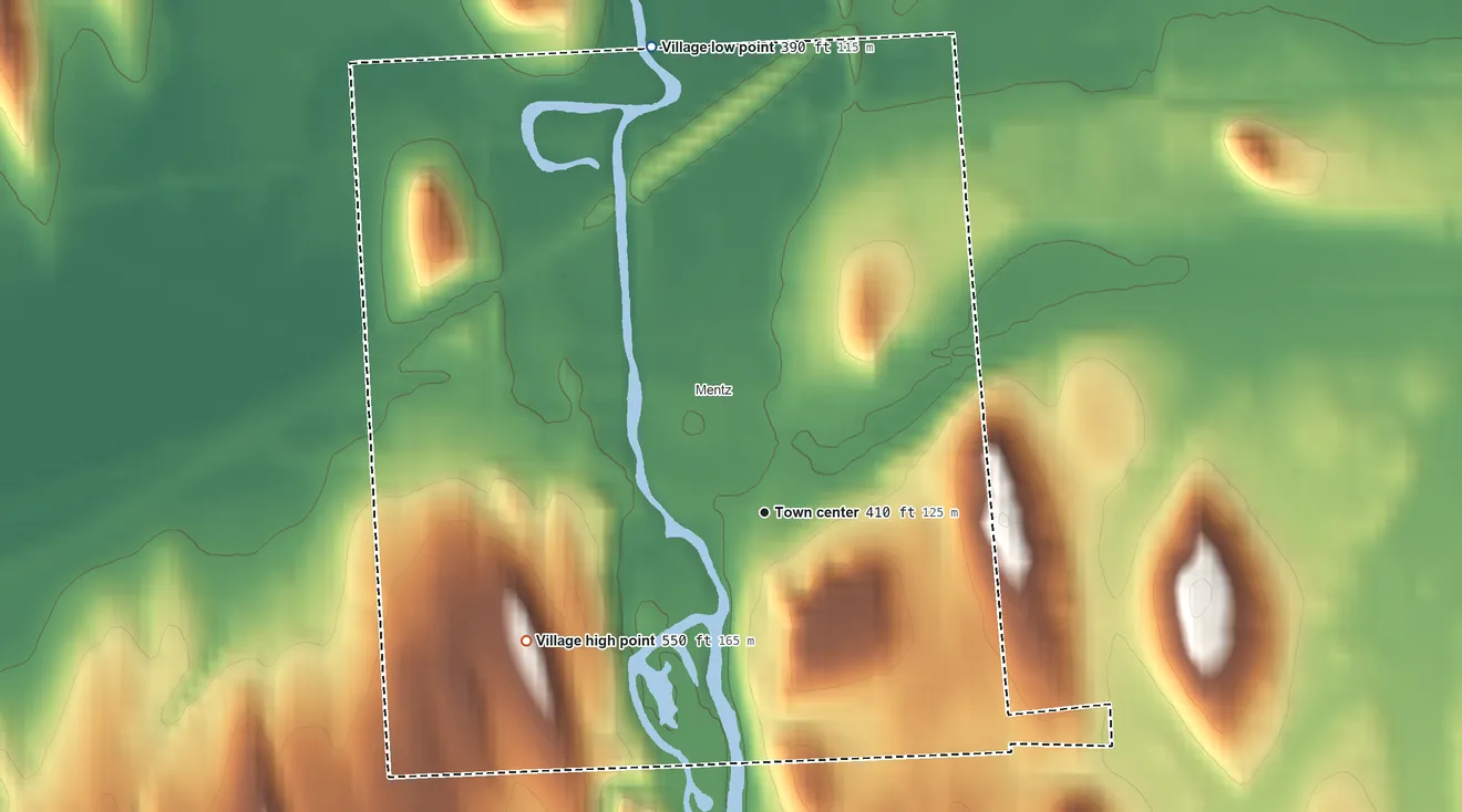 Topographic elevation map of Port Byron, New York, shaded from 390 ft on the north side to 550 ft on the southwest side