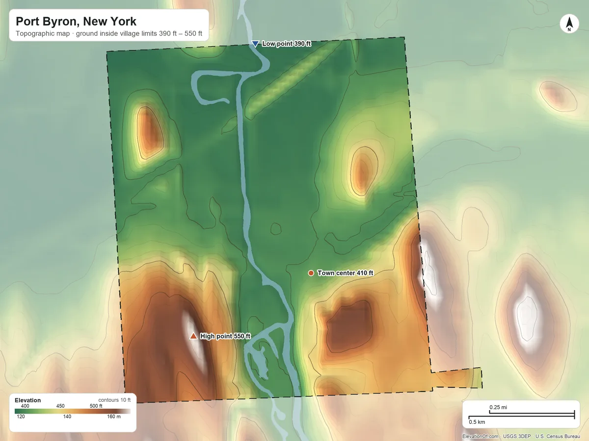 Topographic elevation map of Port Byron, New York, shaded from 390 ft on the north side to 550 ft on the southwest side