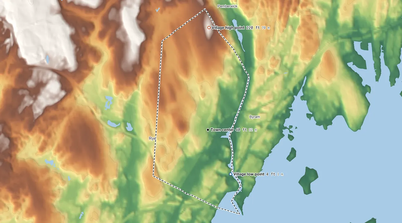 Topographic elevation map of Port Chester, New York, shaded from 4 ft on the southeast side to 220 ft on the north side