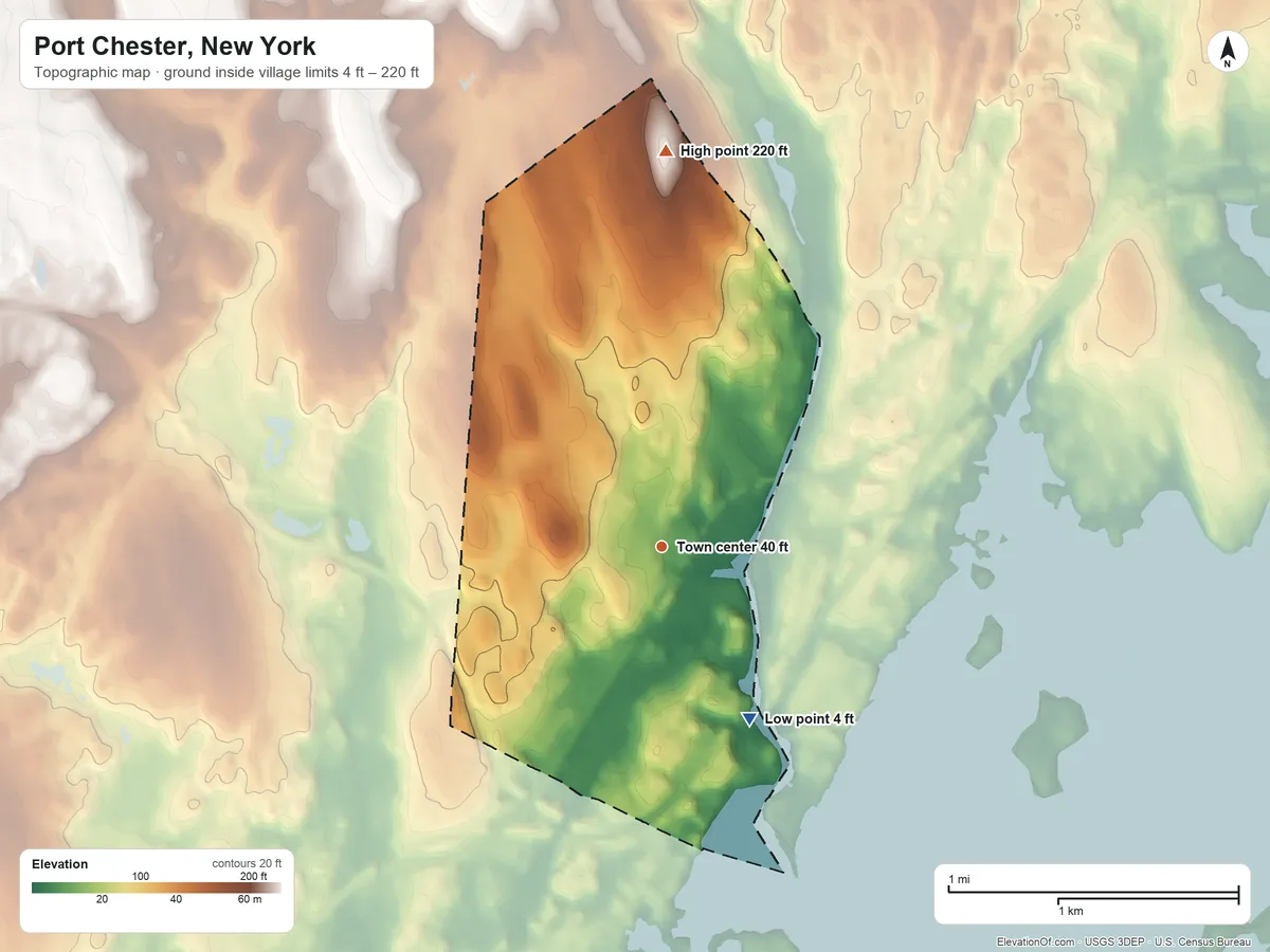 Topographic elevation map of Port Chester, New York, shaded from 4 ft on the southeast side to 220 ft on the north side