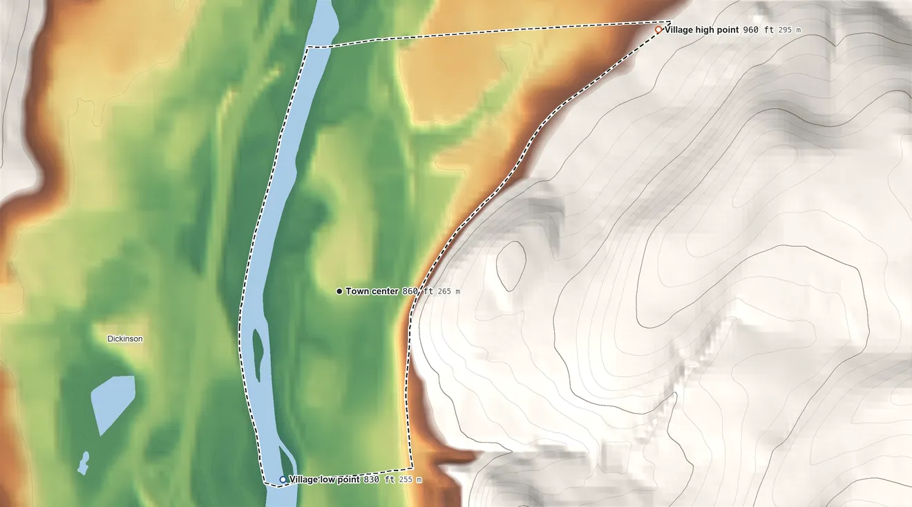 Topographic elevation map of Port Dickinson, New York, shaded from 830 ft on the south side to 960 ft on the northeast edge, below higher ground just outside