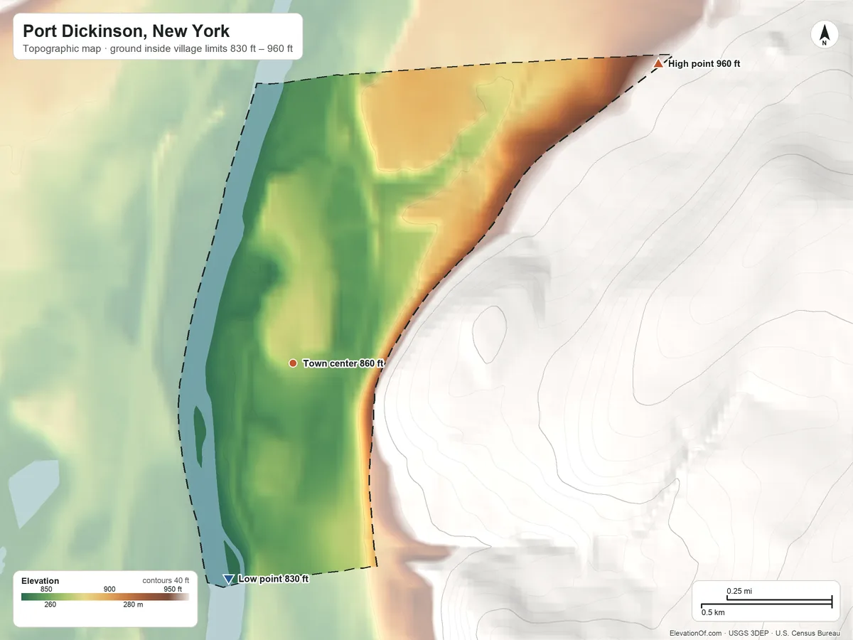 Topographic elevation map of Port Dickinson, New York, shaded from 830 ft on the south side to 960 ft on the northeast edge, below higher ground just outside