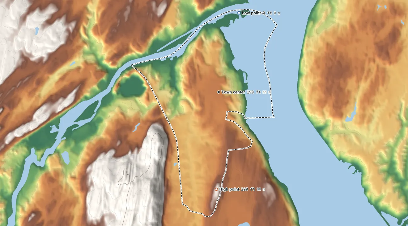 Topographic elevation map of Port Ewen, New York, shaded from 0 ft on the north side to 290 ft at the foot of the Marlboro Mountains