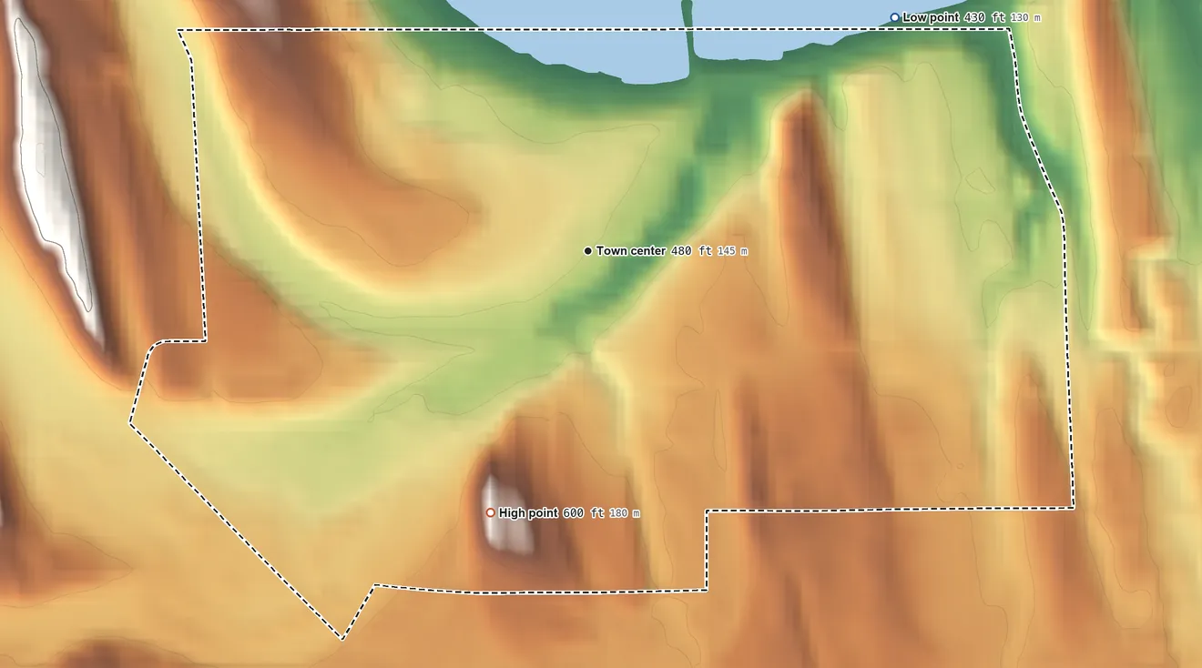Topographic elevation map of Port Gibson, New York, shaded from 430 ft on the northeast side to 600 ft on the south side