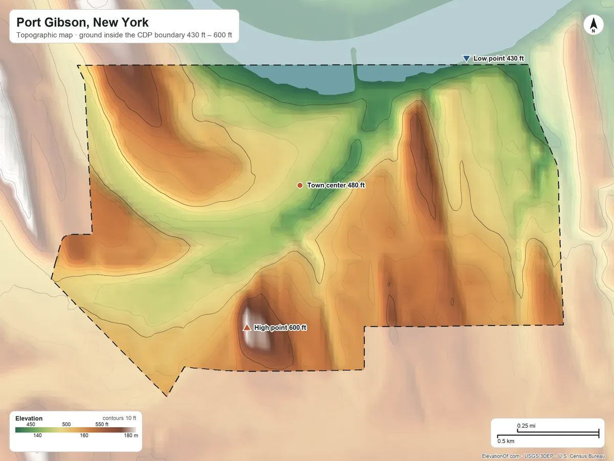 Topographic elevation map of Port Gibson, New York, shaded from 430 ft on the northeast side to 600 ft on the south side