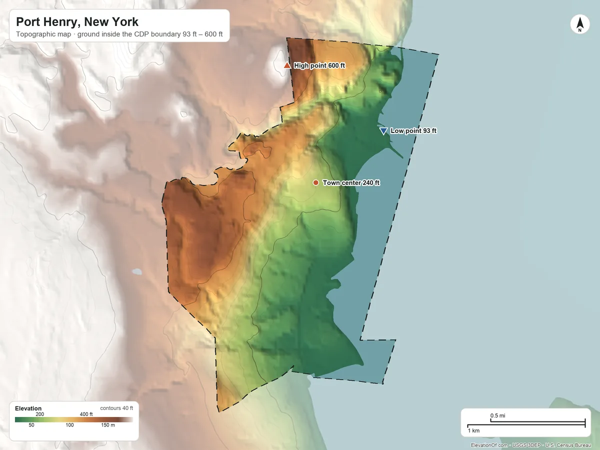 Topographic elevation map of Port Henry, New York, shaded from 93 ft on the northeast side to 600 ft on the north edge, below higher ground just outside