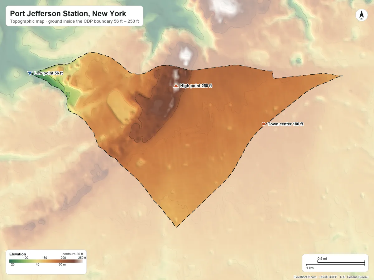 Topographic elevation map of Port Jefferson Station, New York, shaded from 56 ft on the west side to 250 ft on the northwest side