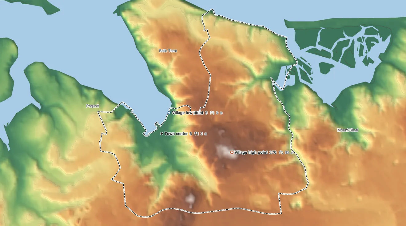 Topographic elevation map of Port Jefferson, New York, shaded from sea level level on Port Jefferson Harbor to 270 ft on the east side