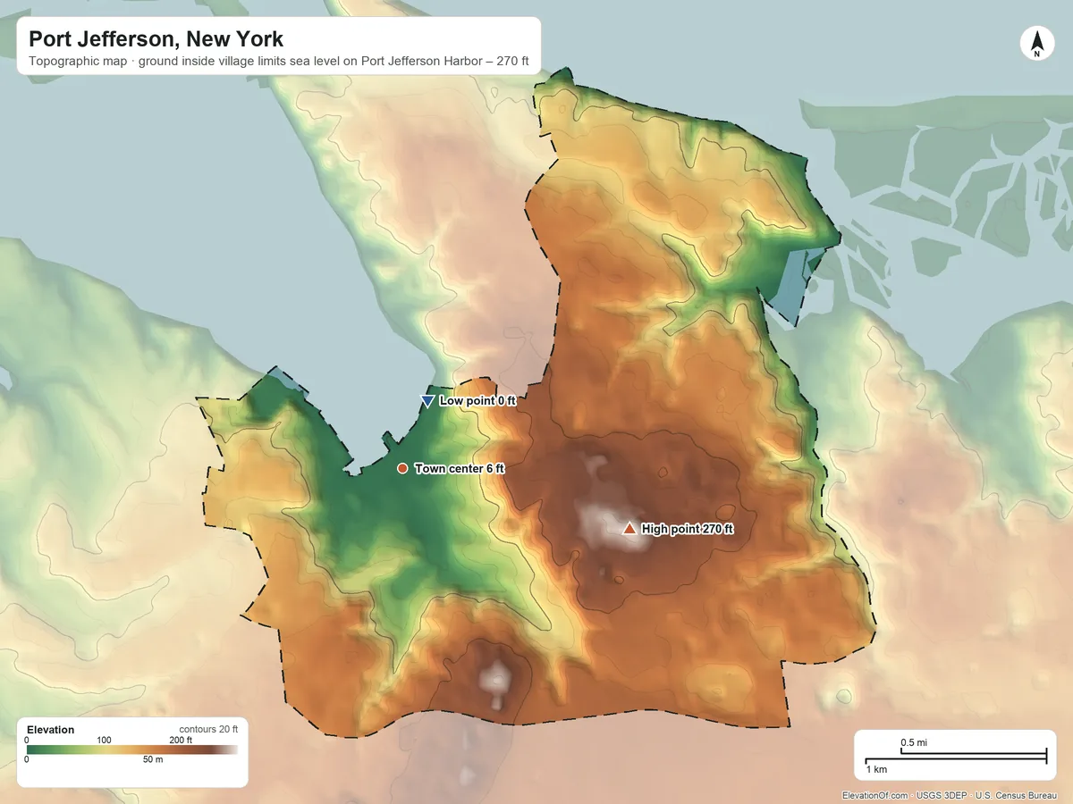 Topographic elevation map of Port Jefferson, New York, shaded from sea level level on Port Jefferson Harbor to 270 ft on the east side