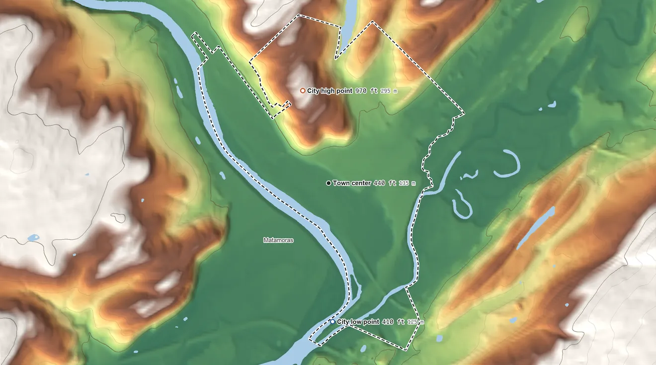 Topographic elevation map of Port Jervis, New York, shaded from 410 ft on the south side to 970 ft on the north side