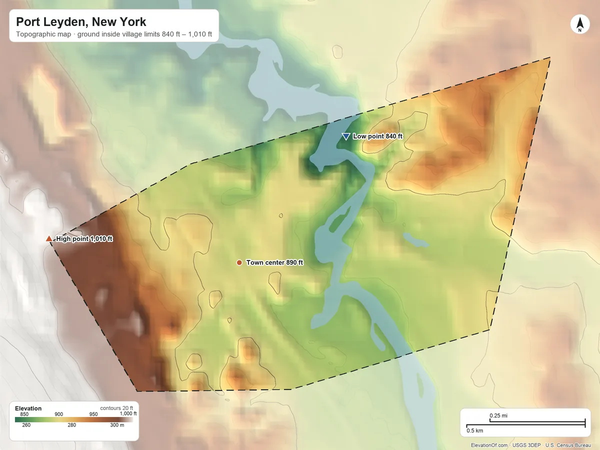 Topographic elevation map of Port Leyden, New York, shaded from 840 ft on the northeast side to 1,010 ft on the west edge, below higher ground just outside