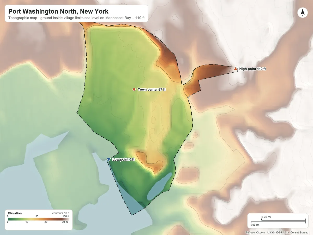 Topographic elevation map of Port Washington North, New York, shaded from sea level level on Manhasset Bay to 110 ft on the east side
