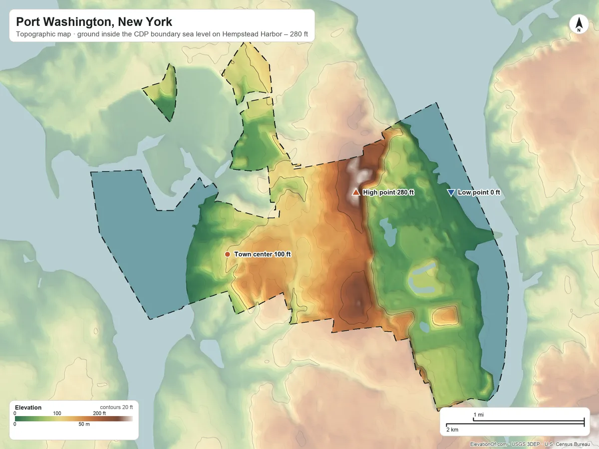 Topographic elevation map of Port Washington, New York, shaded from sea level level on Hempstead Harbor to 280 ft on the northeast side