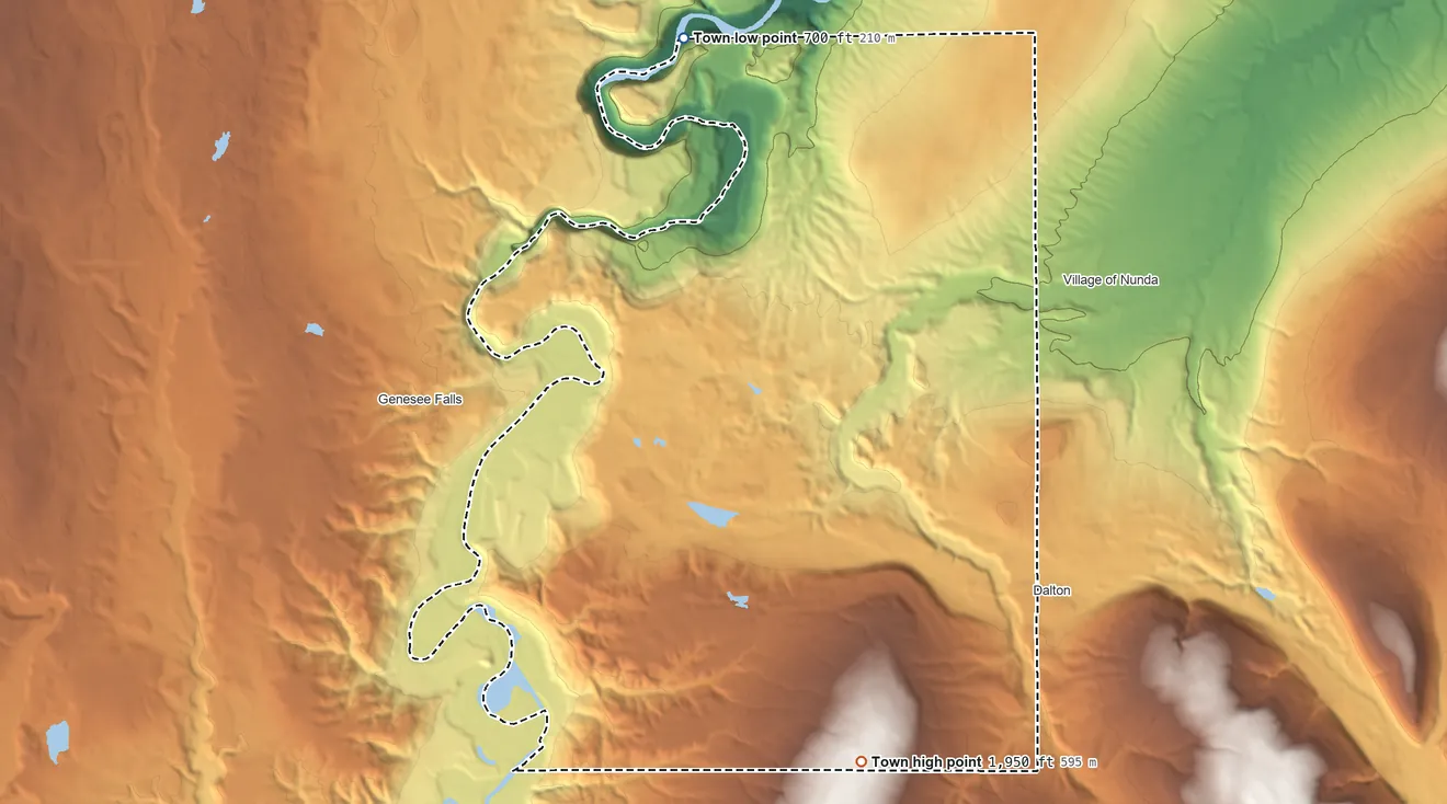 Topographic elevation map of Portage, New York, shaded from 700 ft on the north side to 1,950 ft on the south side