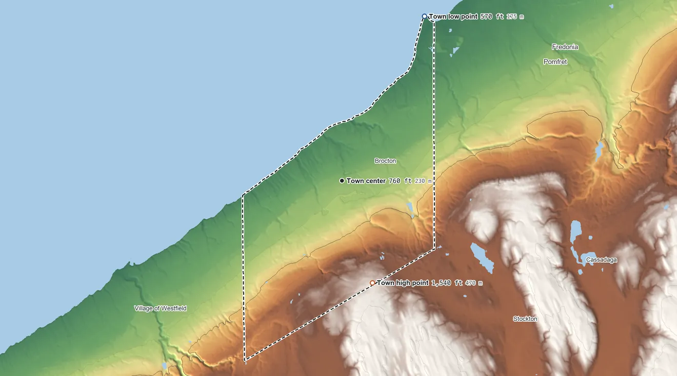 Topographic elevation map of Portland, New York, shaded from 570 ft on the northeast side to 1,540 ft on the south side