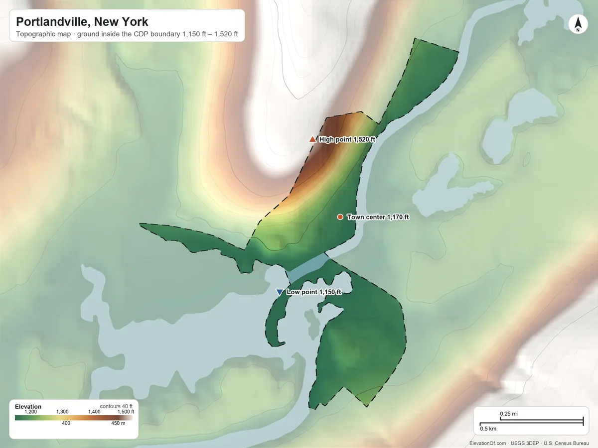 Topographic elevation map of Portlandville, New York, shaded from 1,150 ft on the southwest side to 1,520 ft on the north edge, below higher ground just outside