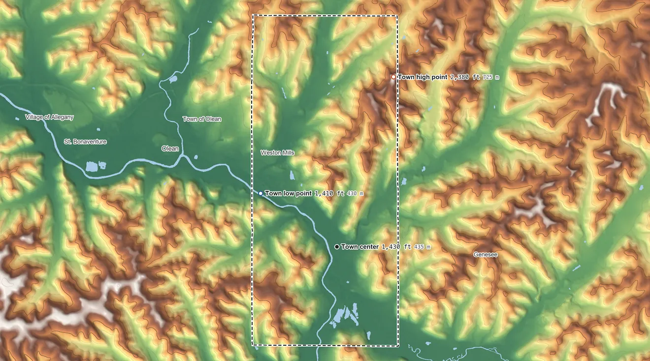 Topographic elevation map of Portville, New York, shaded from 1,410 ft on the northwest side to 2,380 ft on the north side