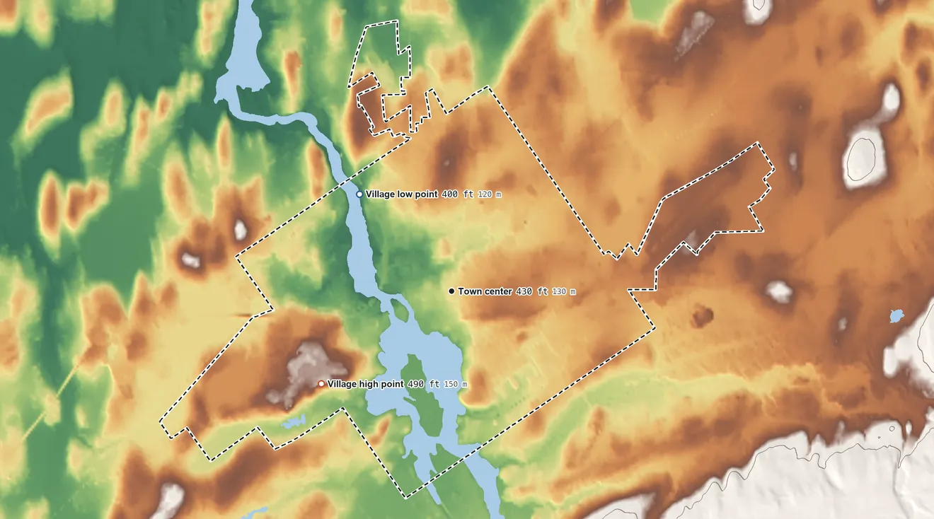 Topographic elevation map of Village of Potsdam, New York, shaded from 400 ft on the northwest side to 490 ft on the southwest side