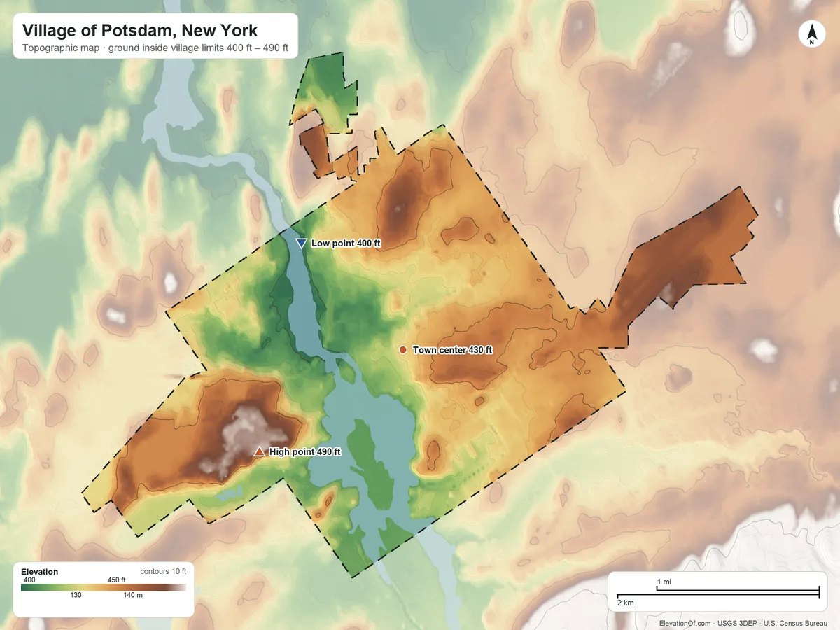 Topographic elevation map of Village of Potsdam, New York, shaded from 400 ft on the northwest side to 490 ft on the southwest side