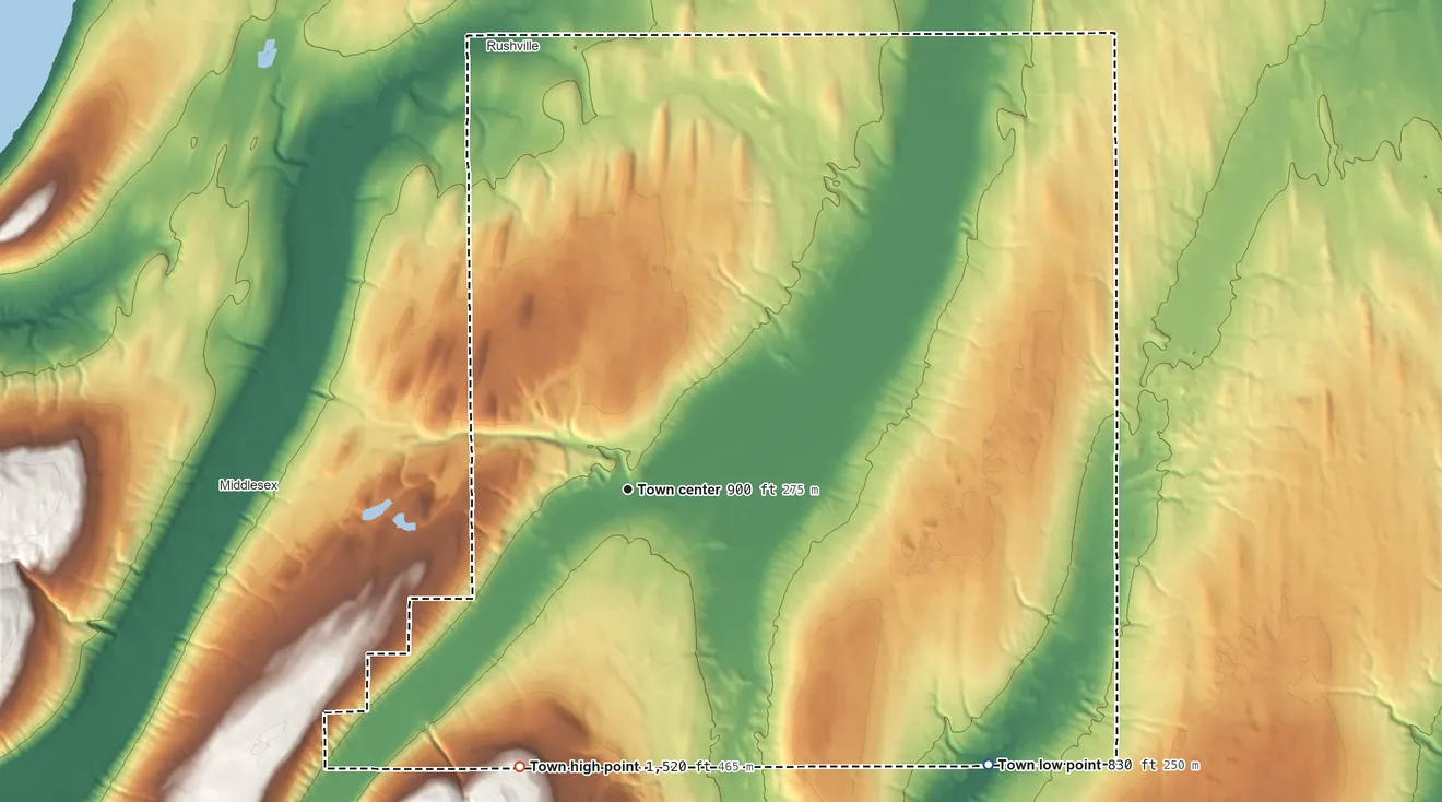 Topographic elevation map of Potter, New York, shaded from 830 ft on the southeast side to 1,520 ft on the south edge, below higher ground just outside