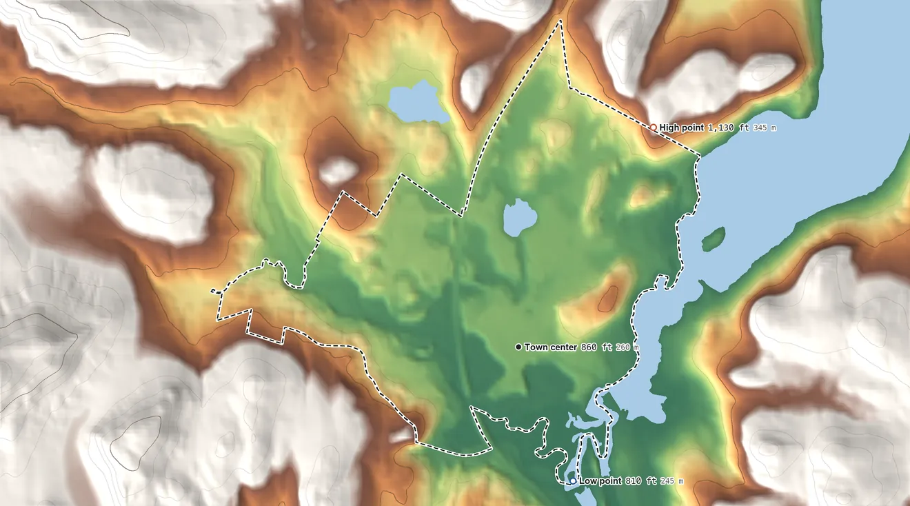 Topographic elevation map of Pottersville, New York, shaded from 810 ft on the south side to 1,130 ft at the foot of the Tongue Mountain Range