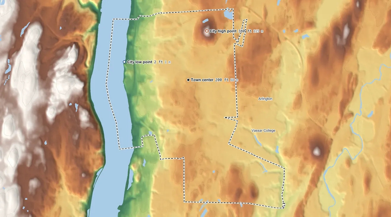 Topographic elevation map of City of Poughkeepsie, New York, shaded from 2 ft on the west side to 380 ft on the north side