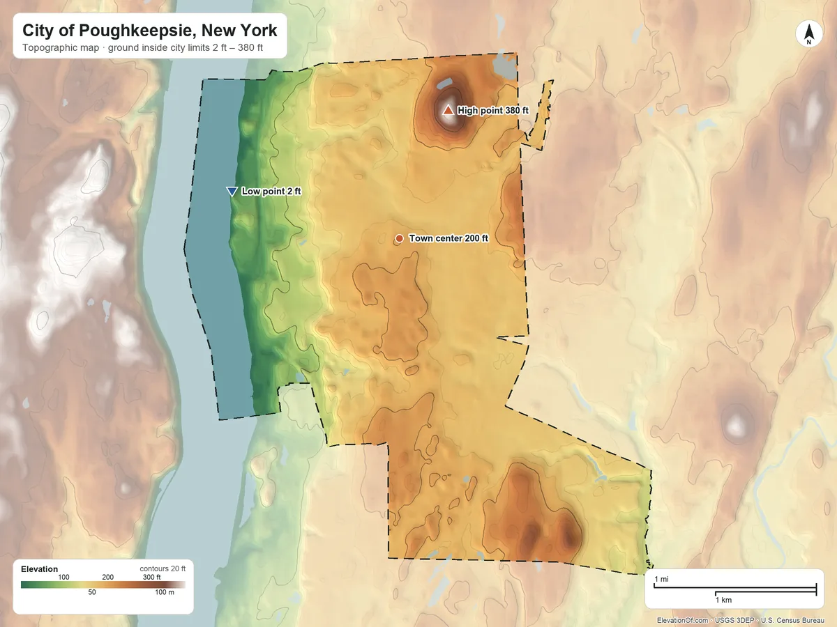 Topographic elevation map of City of Poughkeepsie, New York, shaded from 2 ft on the west side to 380 ft on the north side
