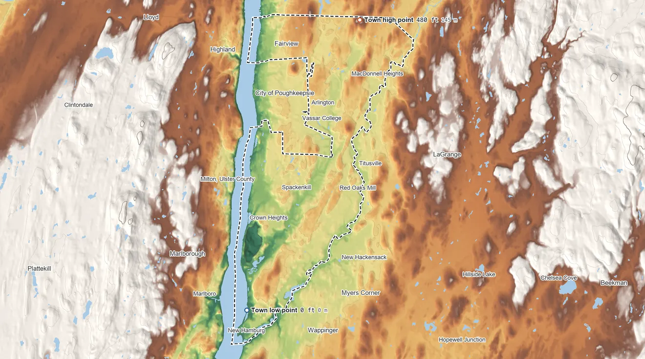 Topographic elevation map of Poughkeepsie, New York, shaded from 0 ft on the south side to 480 ft on the north side
