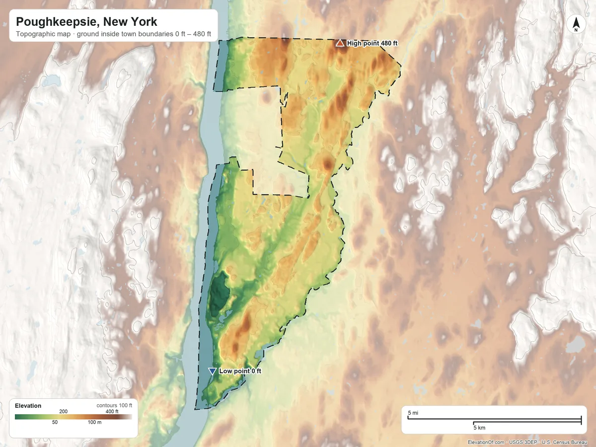Topographic elevation map of Poughkeepsie, New York, shaded from 0 ft on the south side to 480 ft on the north side
