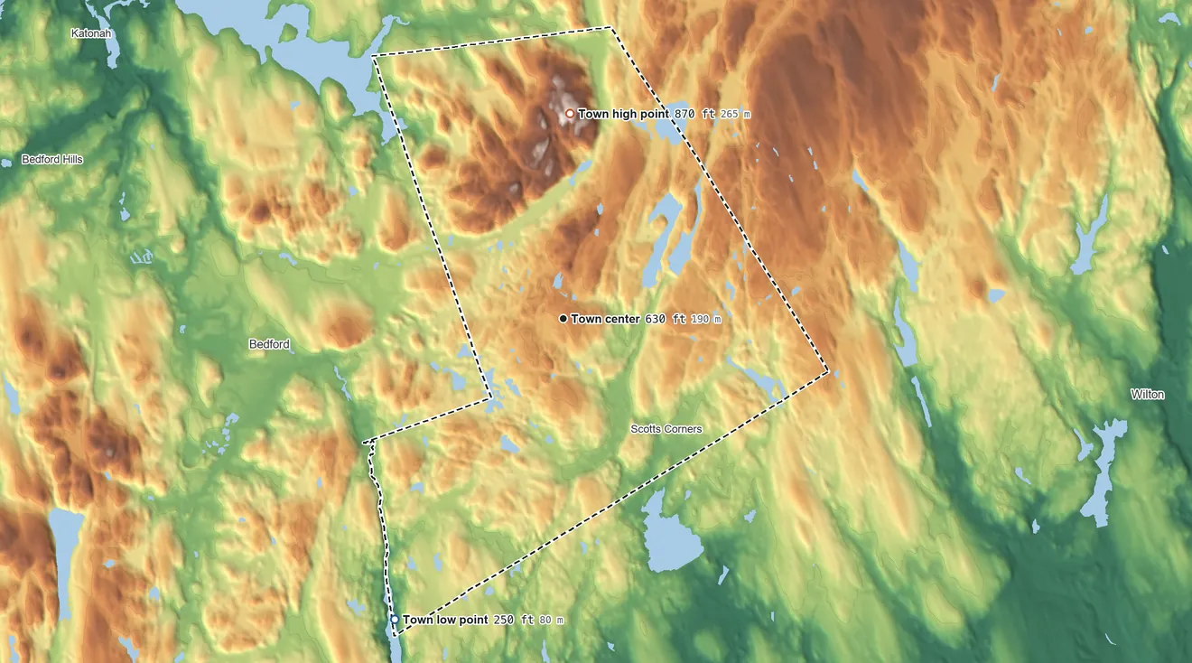 Topographic elevation map of Pound Ridge, New York, shaded from 250 ft on the southwest side to 870 ft on the north side
