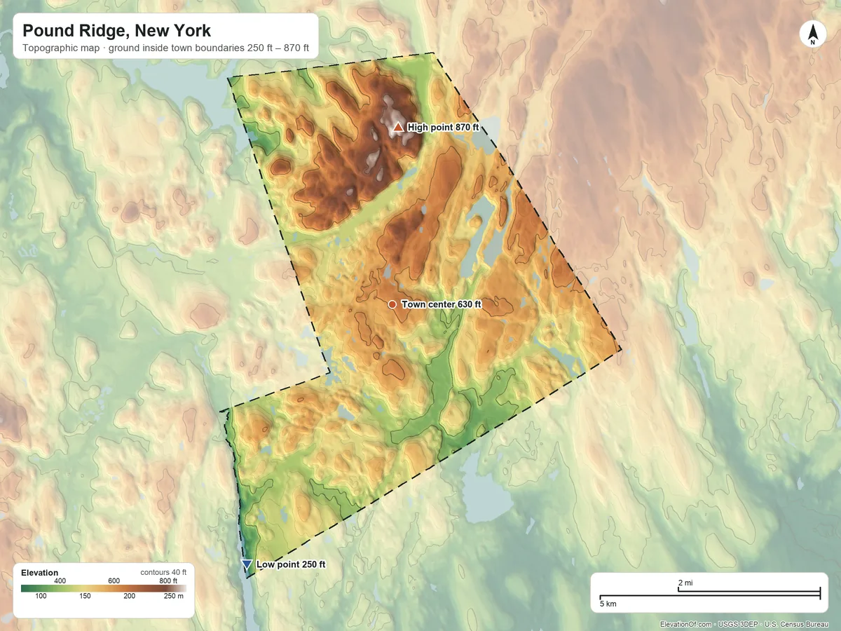 Topographic elevation map of Pound Ridge, New York, shaded from 250 ft on the southwest side to 870 ft on the north side