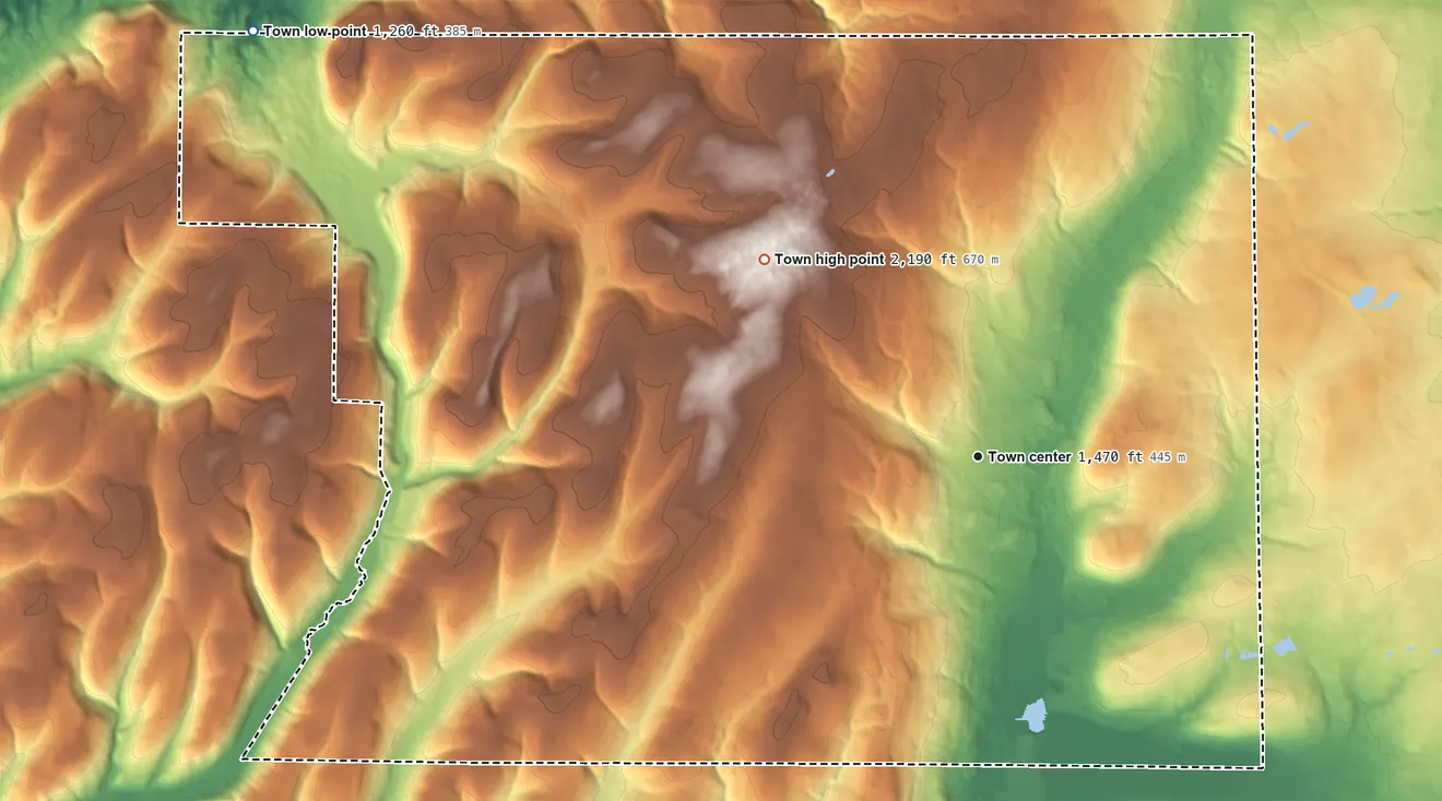 Topographic elevation map of Prattsburgh, New York, shaded from 1,260 ft on the northwest side to 2,190 ft on the northwest side
