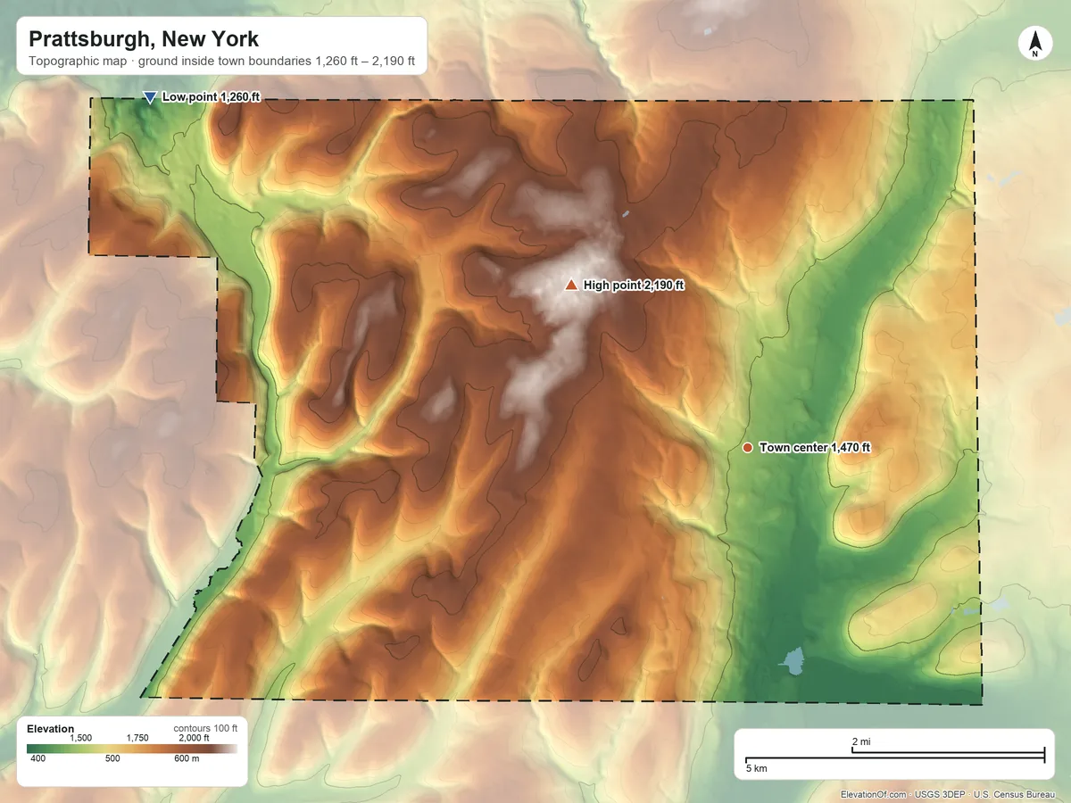 Topographic elevation map of Prattsburgh, New York, shaded from 1,260 ft on the northwest side to 2,190 ft on the northwest side